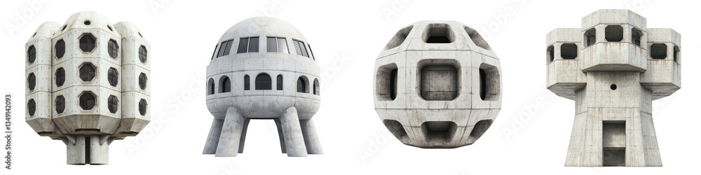 Poster striking and imaginative futuristic architectural structures featuring geometric modular and otherwo