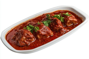 Hearty rustic pork stew served in a white dish with fresh parsley a culinary delight on white surface