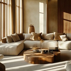 A stylish living room blending modern and cozy elements. Features a spacious sofa in natural tones, minimalist decor with vases, sleek lighting, a woven rug, and indoor greenery.

