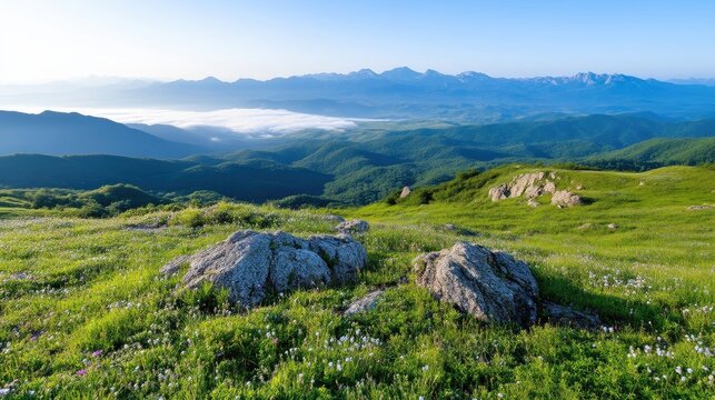Mountain Meadow Sunrise. Lush, grassy mountaintop meadow with scattered rocks, blanketed in wildflowers, overlooking a valley with mist-shrouded distant peaks. Sunrise light bathes the scene
