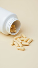 Magnesium Glycinate Capsules Spilled Out of White Bottle on Beige Surface