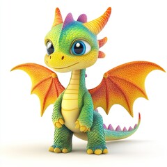 Obraz premium Adorable cartoon baby dragon with vibrant green, orange wings, and large eyes.