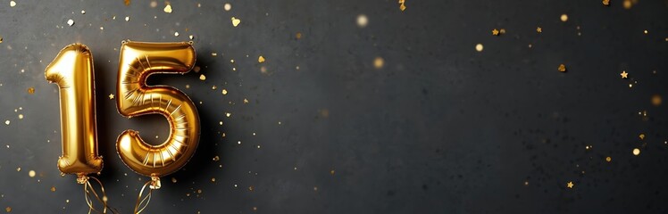 Gold foil balloons number 15 on black concrete background. Fifteen year anniversary celebration. Birthday or anniversary greeting card. Festive decor, banner, invitation, corporate design.
