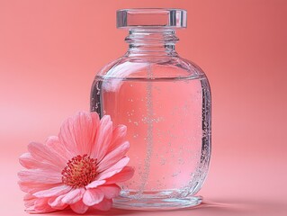 Clear glass bottle filled with pink liquid, next to a pink flower. Perfect for beauty, fragrance, or skincare product advertisement.