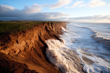 A dramatic coastal landscape featuring steep cliffs, crashing waves, and a vibrant sky during sunset.
