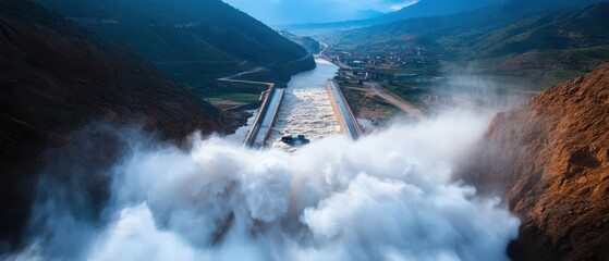 A breathtaking view of a river flowing through a mountainous landscape, featuring rushing water and mist rising from the natural terrain.