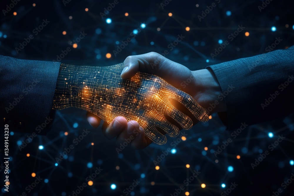 Aufkleber glowing digital handshake: abstract network connection