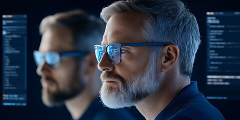 A focused businessman analyzes intricate digital data on a screen in a modern office setting. The image captures the intensity of modern business and technological innovation.