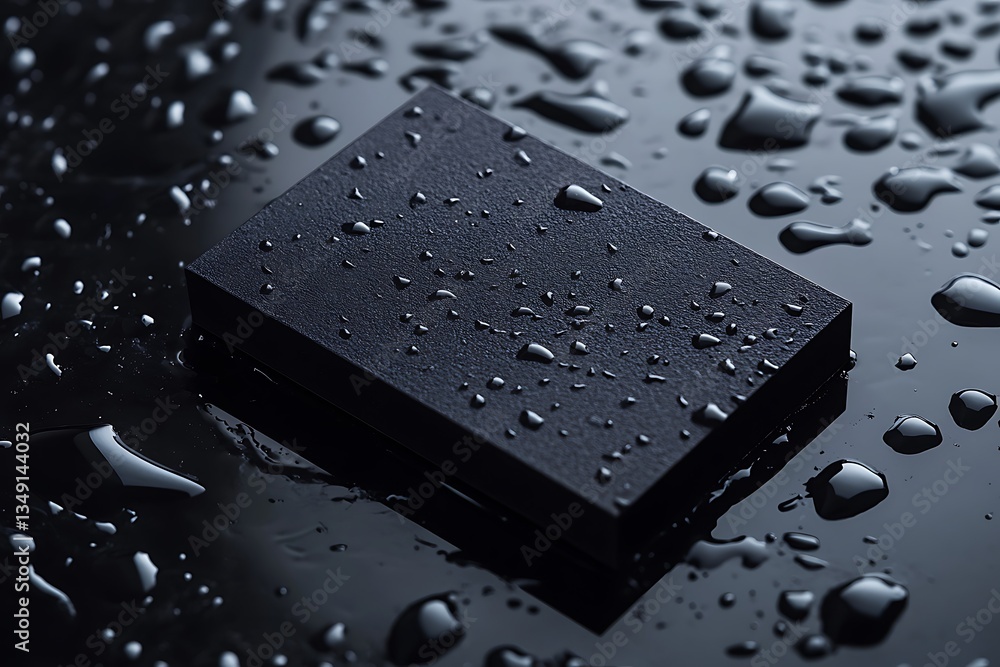 Poster black rectangular block with water droplets on reflective surface