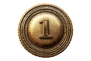 Golden badge for first prize winner Isolated on White and Transparent Background PNG Image.