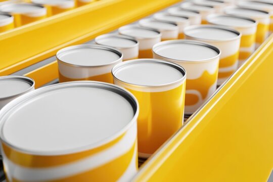 Rows of cylindrical containers on a yellow conveyor belt