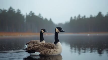 Two Canada geese on misty lake.