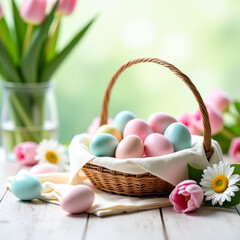 Decorative basket filled with pastel-colored Easter eggs surrounded by tulips and daisies on a wooden table, creating a festive and springtime atmosphere.