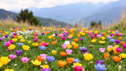 Fototapeta premium Colorful wildflower field with Mountains in the Background under cloudy white sky. Nature landscape image for spring, floral, or outdoor themes, suitable for backgrounds or seasonal promotions. 
