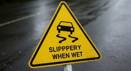 Slippery Road Warning Sign on Wet Asphalt After Rain