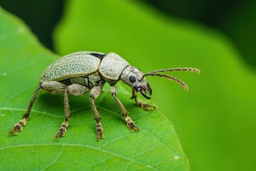 Fototapeta premium Close-Up of Green Weevil on Leaf in Natural Habitat