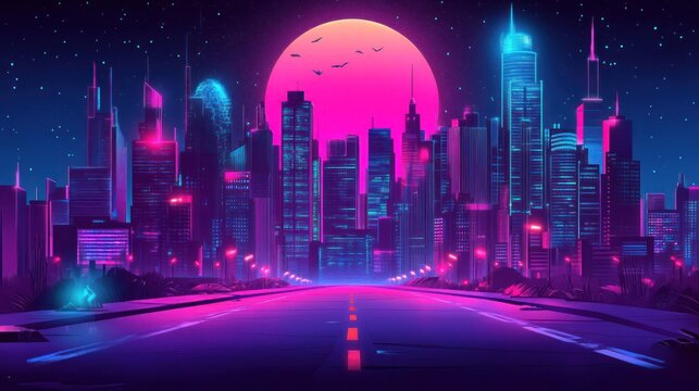 Neon Cityscape at Night: A Retrofuturistic Vision