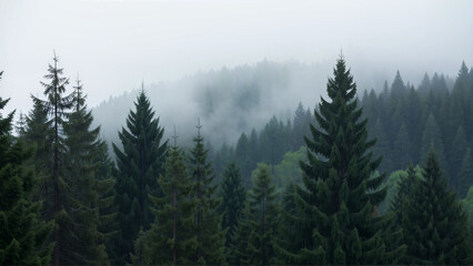Fototapeta premium Forest landscape with pines under cloudy sky and fog. For nature, environment, and outdoor themes, showing a misty pine woodland.
