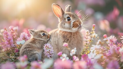 A mother rabbit and her baby nestled among blooming flowers in a serene garden setting