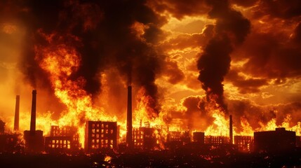 Obraz premium Multiple factory buildings consumed by intense fire and thick smoke, representing large-scale industrial 