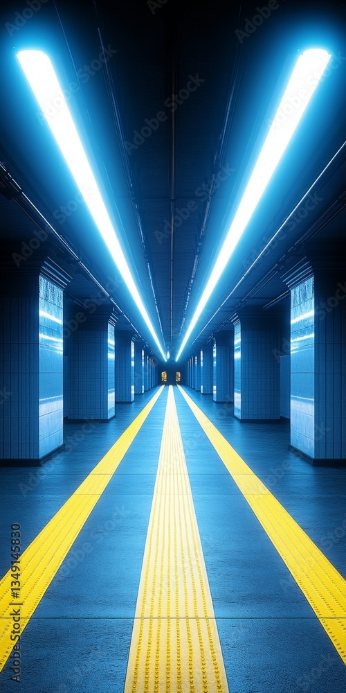 Poster modern subway station platform with yellow safety lines, illuminated by rows of fluorescent lights.