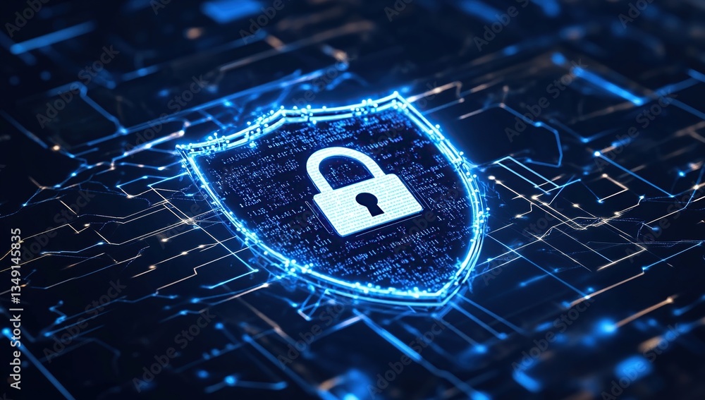 Poster glowing blue digital shield with lock icon on circuit board background