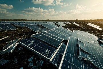 A landscape of broken solar panels scattered across a field, showcasing the impact of environmental challenges on renewable energy infrastructure.