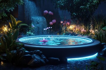 Enchanted Garden: Serene Night Waterfall and Lotus Pond