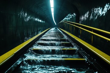 A dimly lit underground tunnel with railway tracks submerged in water, illuminated by a bright overhead light, creating a mysterious atmosphere.