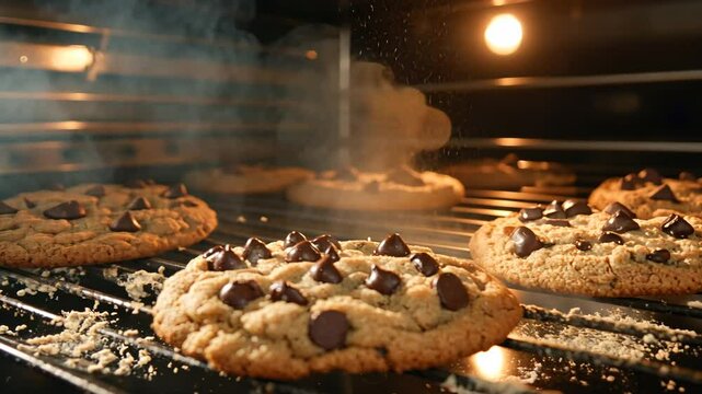 Golden brown chocolate chip cookies baking to perfection in a hot kitchen oven