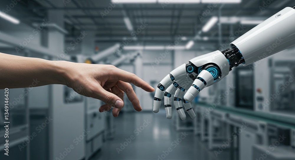Aufkleber a robot hand is touching a human hand in a factory