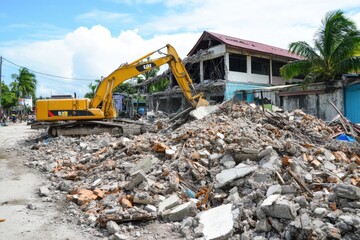 Fototapeta premium Excavator Demolishing Ruined Building Amidst Debris on Urban Street