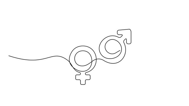 Continuous thin line gender drawing animation, minimalist male female rights draw, one line art sex symbol, outline balance sign, oneline venus and mars pictogram