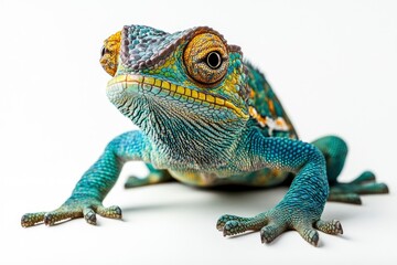 Fototapeta premium Colorful Chameleon Walking Isolated on White Background Close-up Wildlife Animal