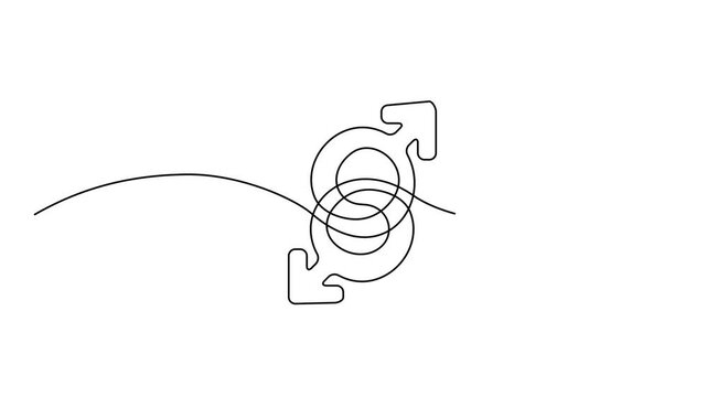 Continuous thin line gender drawing animation, minimalist male female rights draw, one line art sex symbol, outline balance sign, oneline venus and mars pictogram
