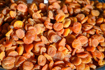 Dried apricots at the market. Dried fruit. Apricot.