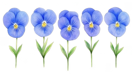 Realistic Illustration Of Five Blue Pansy Flowers Isolated On Transparent Background, Featuring Watercolor Style Petals With Green Stems And Yellow Centers Blooming In A Spring Garden