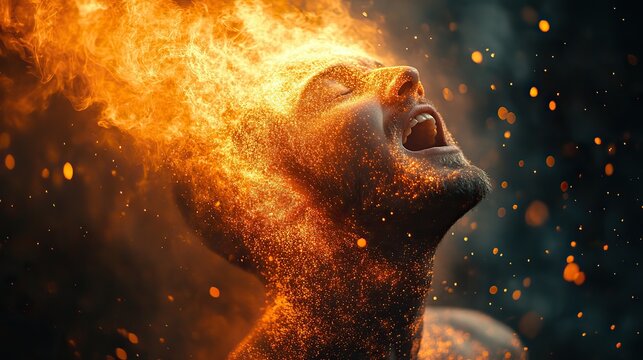 Stress, burnout, and information overload, a man shouts, mouth wide open, his head exploding with bright orange glitter and particles.