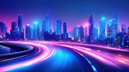 Fototapeta premium Neon Cityscape: Futuristic Highway and Glowing Metropolis at Night
