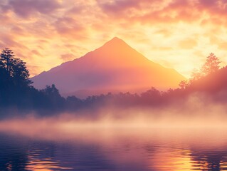 Misty Mountain Lake Sunrise: Serene Landscape Scenery