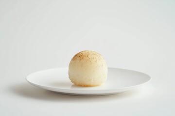 Rice ball on white plate in minimalist style clean aesthetic neutral background food photography