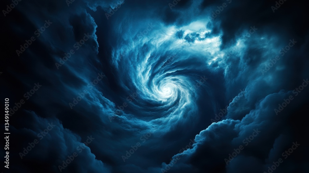 Poster a dramatic swirling vortex of dark clouds, illuminated by faint blue light, creating a mysterious an