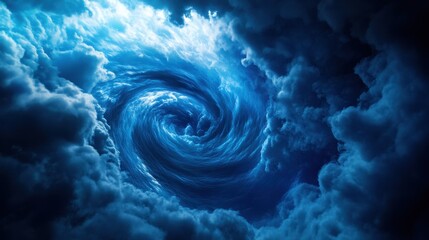 A swirling vortex of clouds and water, capturing the dynamic essence of nature"s power and beauty in a captivating blue hue.