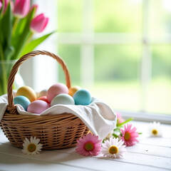 Wicker basket filled with pastel-colored Easter eggs surrounded by pink and white daisies, placed on a white table in front of a window, evoking springtime joy and celebration.