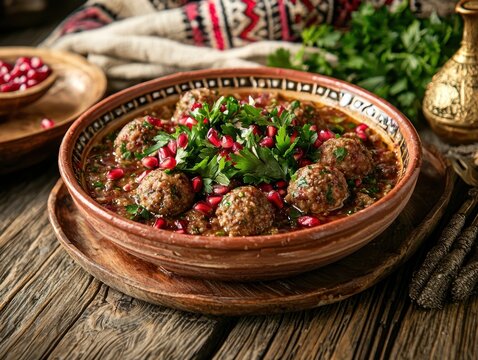 Traditional Azeri cuisine kyufta bozbash soup in an earthenware bowl with pomegranate seeds and parsley sprigs