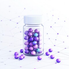 A transparent bottle filled with colorful spherical pills, surrounded by small spheres and a network-like pattern in the background.