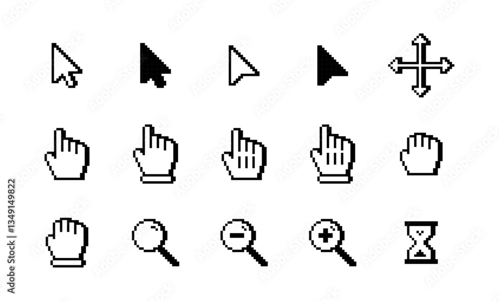Poster Pixelated white computer cursor icons. Pixelated white computer pointer icons