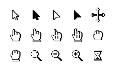 Pixelated white computer cursor icons. Pixelated white computer pointer icons