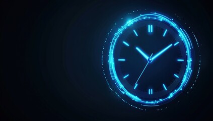 Digital Clock Glows, Time Flies, Modern Design, Abstract Futuristic Timepiece, Neon Blue, Elegant Clock Face, Precise Timekeeping