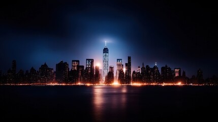 Obraz premium A stunning night view of a city skyline illuminated by bright lights, with a prominent tower standing tall against a dark background.